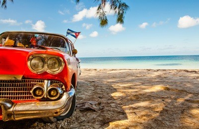american classic car on the beach cayo jutias, province pinar del rio, cuba