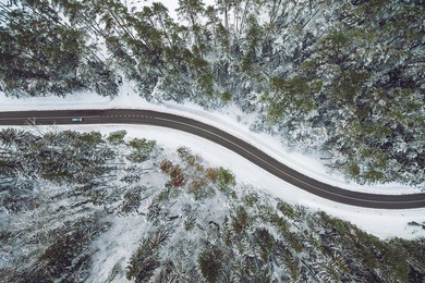 aerial view of snowy forest with a road. captured from above with a drone
