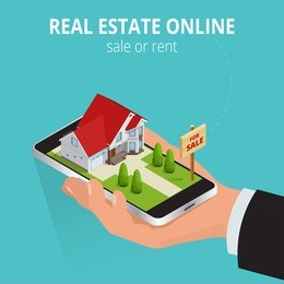 real estate online sale or rent concept. mobile app template. 
real estate booking app on smartphone screen. vector isometric illustration.