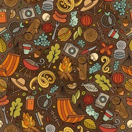 cartoon cute hand drawn picnic seamless pattern. colorful detailed, with lots of objects background. endless funny vector illustration