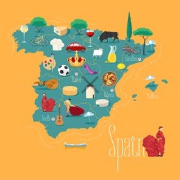 map of spain vector illustration, design. icons with spanish landmarks. explore spain concept image