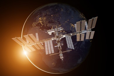 international space station over the planet earth. elements of this image furnished by nasa.