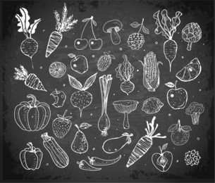 doodle fruits and vegetables on blackboard background. vector sketch illustration of healthy food.