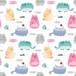 cute funny seamless pattern with cats and accessories. kawaii cat background. vector illustration. delicate colors cats on white background.