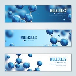 horizontal banners with abstract molecules design. vector illustration. atoms. medical background for banner or flyer. molecular structure with blue spherical particles.