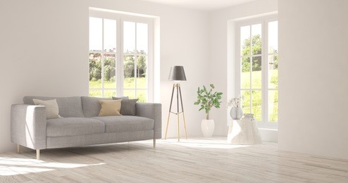 white room with sofa and green landscape in window. scandinavian interior design. 3d illustration