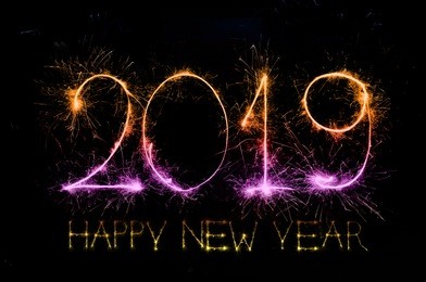 happy new year 2019 from colorful sparkle on black background  