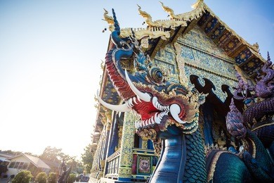 rong sua ten temple with blue sky background, chiang rai province, thailand. blue temple.