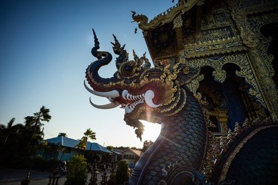 rong sua ten temple with blue sky background, chiang rai province, thailand. blue temple.