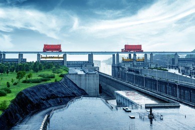 china yangtze river three gorges dam in the rain.