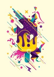 modish colorful abstract composition with ice cream, geometric objects, splash and other various design elements. vector illustration.