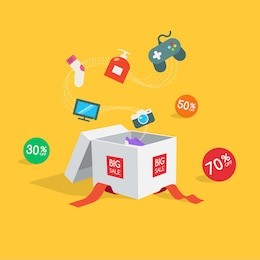 special offer sale discount symbol with open gift and flow goods isolated on yellow background. easy to use for your design with transparent shadows.