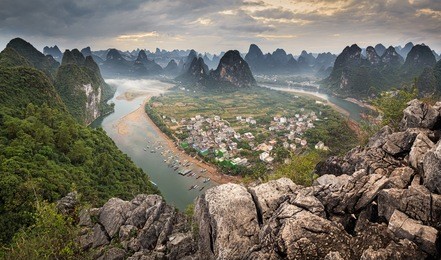 panoramic view from xingping viewpoint over lijiang river in autumn sunset, yangshuo, china