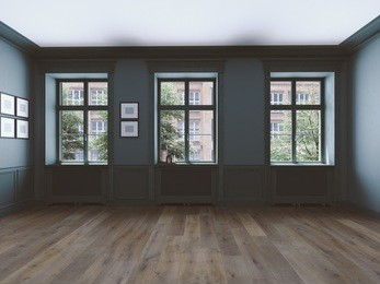 3d rendering. empty room with windows and parquet.