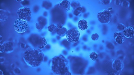 abstract spherical virus or germs microorganism cells under microscope. fast multiplication of bacteria. infection and microbe. microbiology, popular scientific background. high quality 3d render.