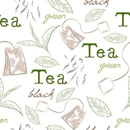seamless pattern with branches and leaves of tea, green and black tea leaves