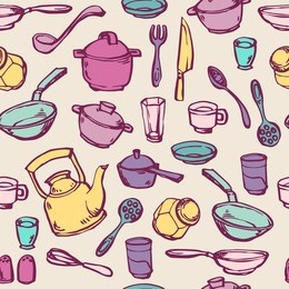 seamless pattern background with kitchenware in soft pastel palette
