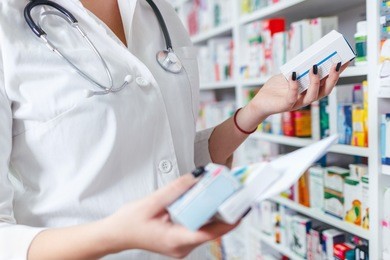closeup hand of woman pharmacist with prescription and medicine at drugstore