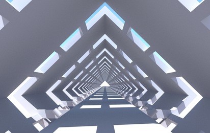 rhomboid tunnel with windows, bridge, beams and cylindrical light fixtures. perspective view. rendering of 3d model. image in blue tones. light at the end of the tunnel. abstract architecture.