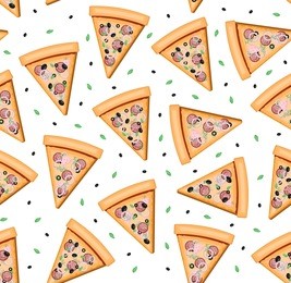 vector cartoon seamless pattern with pizza for wrapping paper, covering, decor the restaurant menu and branding on white background.
