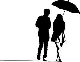 vector of silhouette of romantic couple of young guy and girl on white background, man and woman walking 