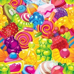 vector seamless pattern of sweets and fruits. bears, jelly candies, lollypops, fruit and berries. birthday party wrapping paper