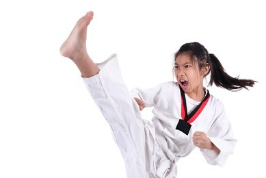 asian taekwondo girl on with background.