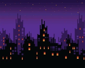 haunted city at night, spooky pixel art town landscape, vector layer background illustration