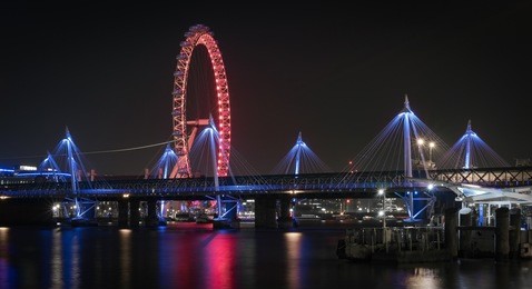 hungerford bridge and river thames skyline at night