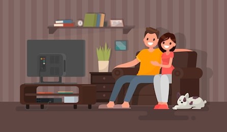 young couple watching a movie. man and woman sit on against the tv in the home atmosphere. vector illustration in a flat style