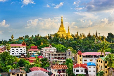 yangon, myanmar city skyline with shwedagon pagoda.