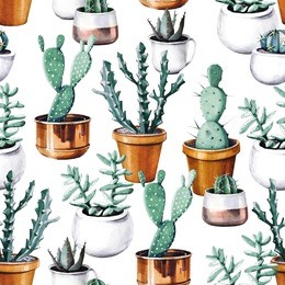 watercolor cactus in pot tropical garden seamless pattern. watercolour succulent pattern on white background.