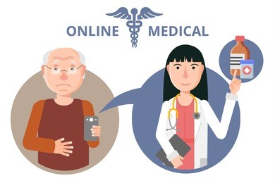 on line medicine concept in modern flat style. an elderly man gets medical advice by phone. medicine app for smart phone, health care. can used for web banners and info graphic