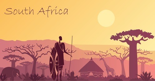 sunset in africa with the silhouettes of elephant, giraffe, national home and native.