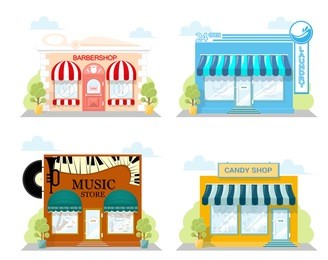 set of front facade buildings: music store, cafe, laundry and candy shop with a sign, awning and symbol in shopwindow. abstract image in a flat design. vector illustration isolated on white background