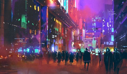 people walking in the sci-fi city at night with colorful light,illustration painting