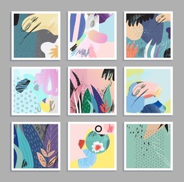 set of creative universal art posters or cards. hand drawn textures. wedding, anniversary, birthday, valentin's day, party invitations, covers, decor elements.