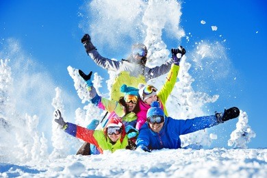 group happy friends having fun at sheregesh ski resort. skiers and snowboarders team concept