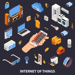 internet of things home automation system with remote control device in owners hand isometric poster vector illustration  
