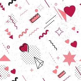 trendy geometric elements memphis card. seamless memphis pattern for happy valentine's day celebration with holiday symbols  in retro 80s, 90s memphis style. vector illustration