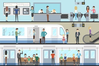 subway interior set with train, enter and inside the railway.