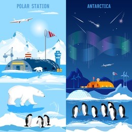 north pole, polar station banners. penguins, polar bears, polar lights. scientific studying of antarctica and north pole