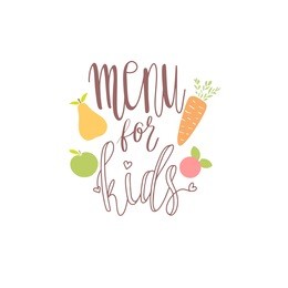 kids menu logo design. lettering text phrase with fruits and vegetables