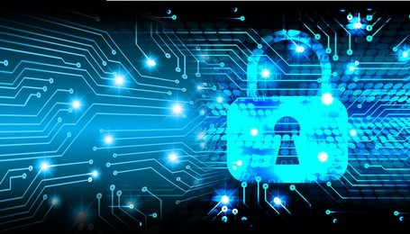 safety concept, closed padlock on digital, cyber security, blue abstract hi speed internet technology background illustration. key. 