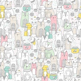 seamless pattern with funny hand drawn cats and spaniel dogs. animals vector illustration with adorable pets. tillable background for your fabric, textile design, wrapping paper or wallpaper.