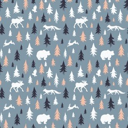 hand-drawn forest silhouettes seamless pattern with animals:elk, fox, hare, bear, owl