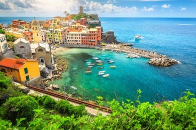 stunning panorama of vernazza with magical suspended garden, cinque terre national park, liguria, italy, europe
