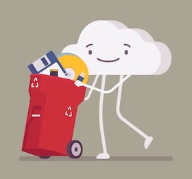 walking and smiling full length cloud pushing trash bin with old memory, disk, diskette, useless digital information, lack of storage capacity, end of data archiving, delete and cleaning, metaphor