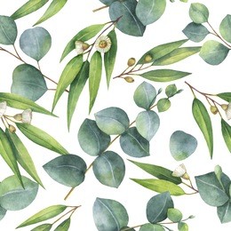 watercolor seamless pattern with eucalyptus leaves and branches. background for textile, paper and other print and web projects.