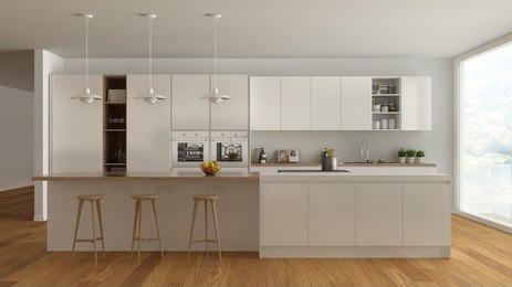 scandinavian white kitchen with wooden and white details, minimalistic interior design, 3d illustration